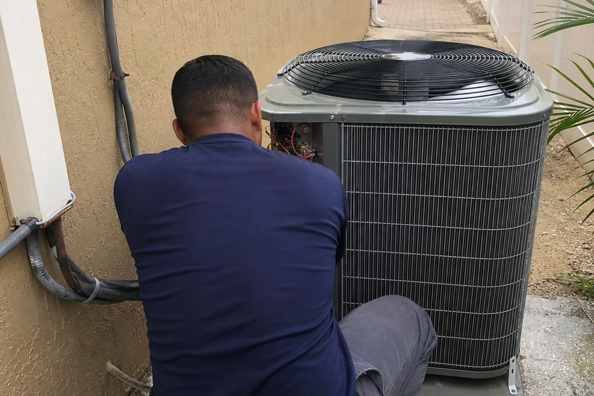 AC technician checking an outdoor condenser beside a Doral home